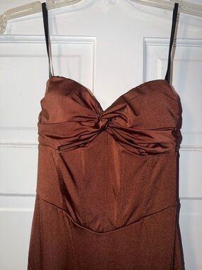 Windsor Copper Brown Satin Twist-Front Strapless Prom Dress